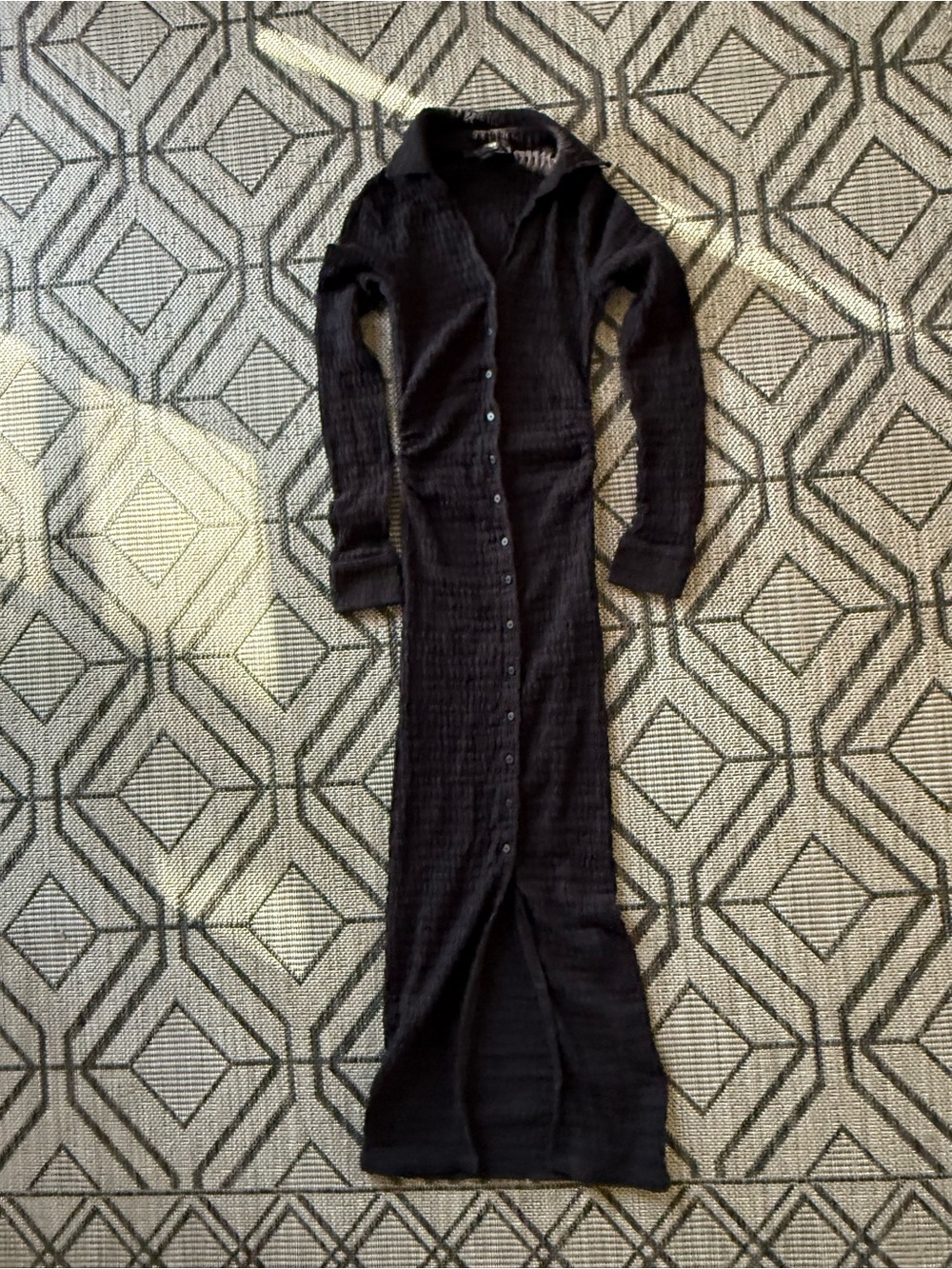 AllSaints Black Bodycon Connie Long Sleeve Ribbed Button-Front Collar Midi Dress - Picture 7 of 10